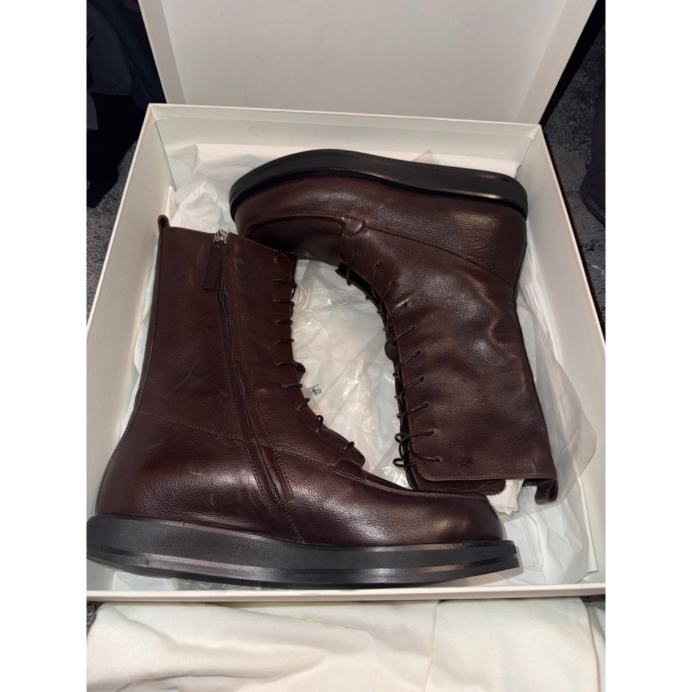 The Row Patty Boot Dark Brown Vegetable Leather Lace Up Zip Mid-Calf 38.5 F1141 - Picture 5 of 8